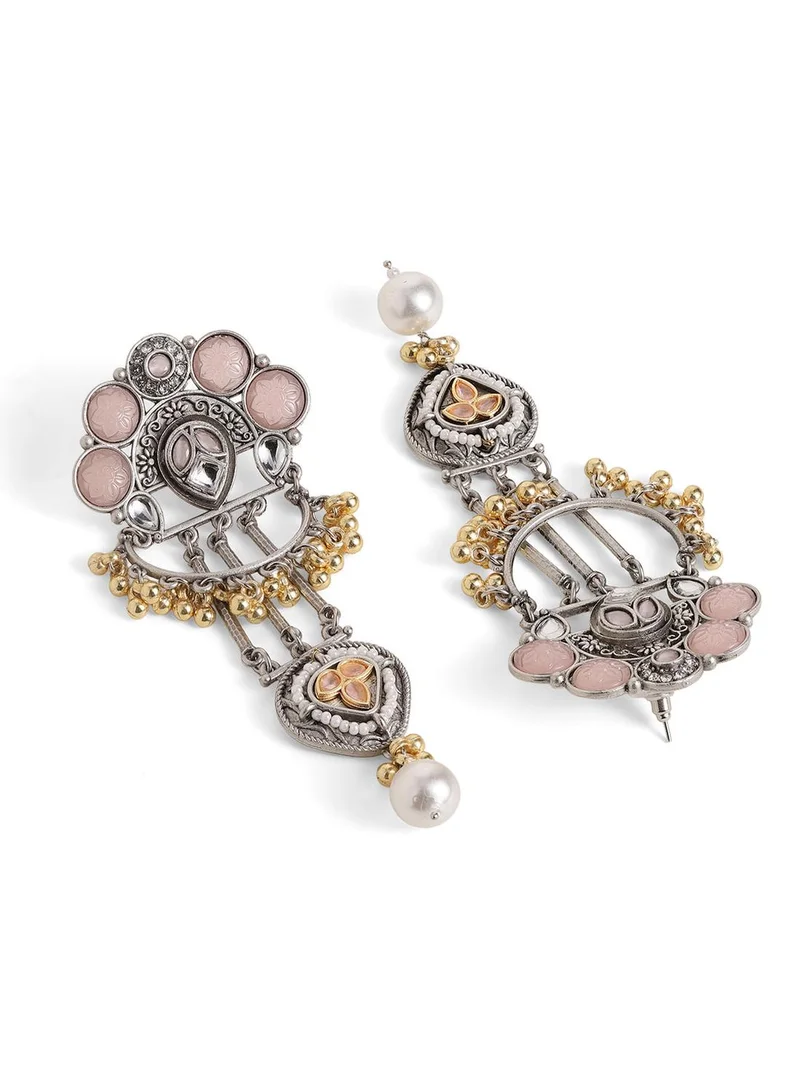 Ishin  Pink Colour Metallic Grey Plated Beaded Chandbali Earring for Women | Best Price UAE