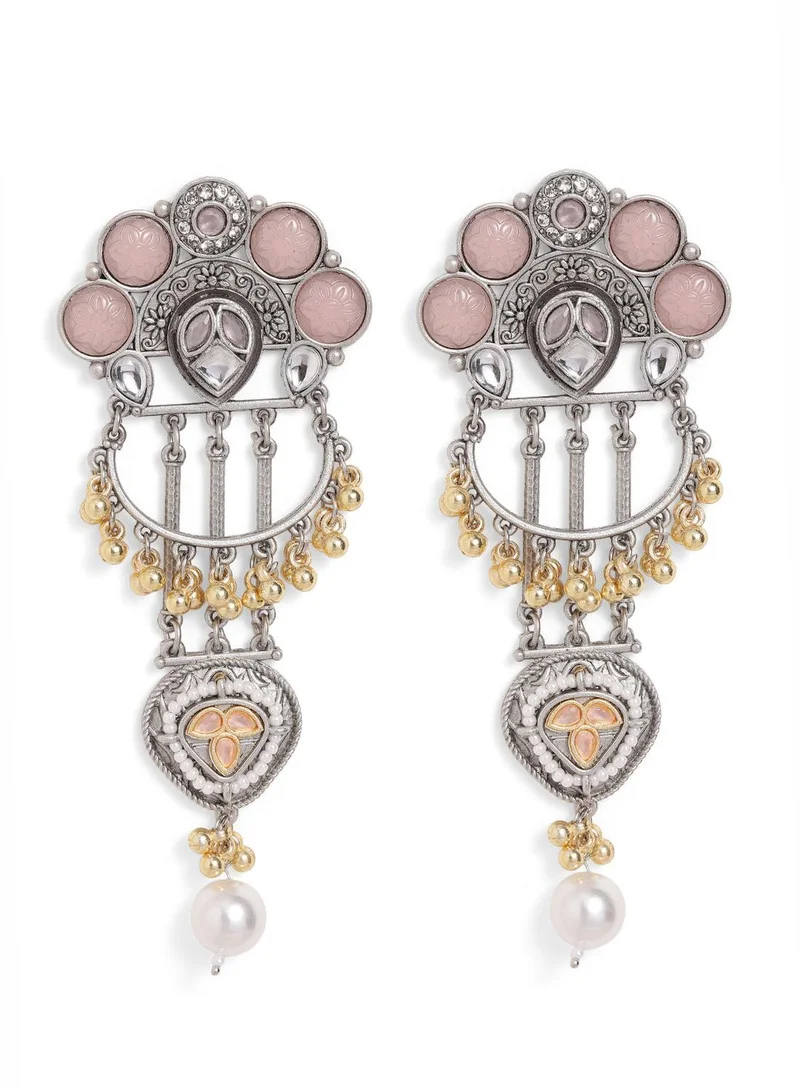 Ishin  Pink Colour Metallic Grey Plated Beaded Chandbali Earring for Women | Best Price UAE