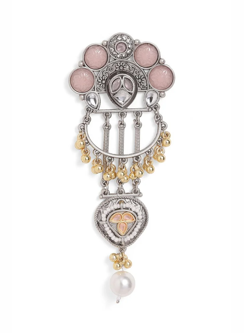 Ishin  Pink Colour Metallic Grey Plated Beaded Chandbali Earring for Women | Best Price UAE