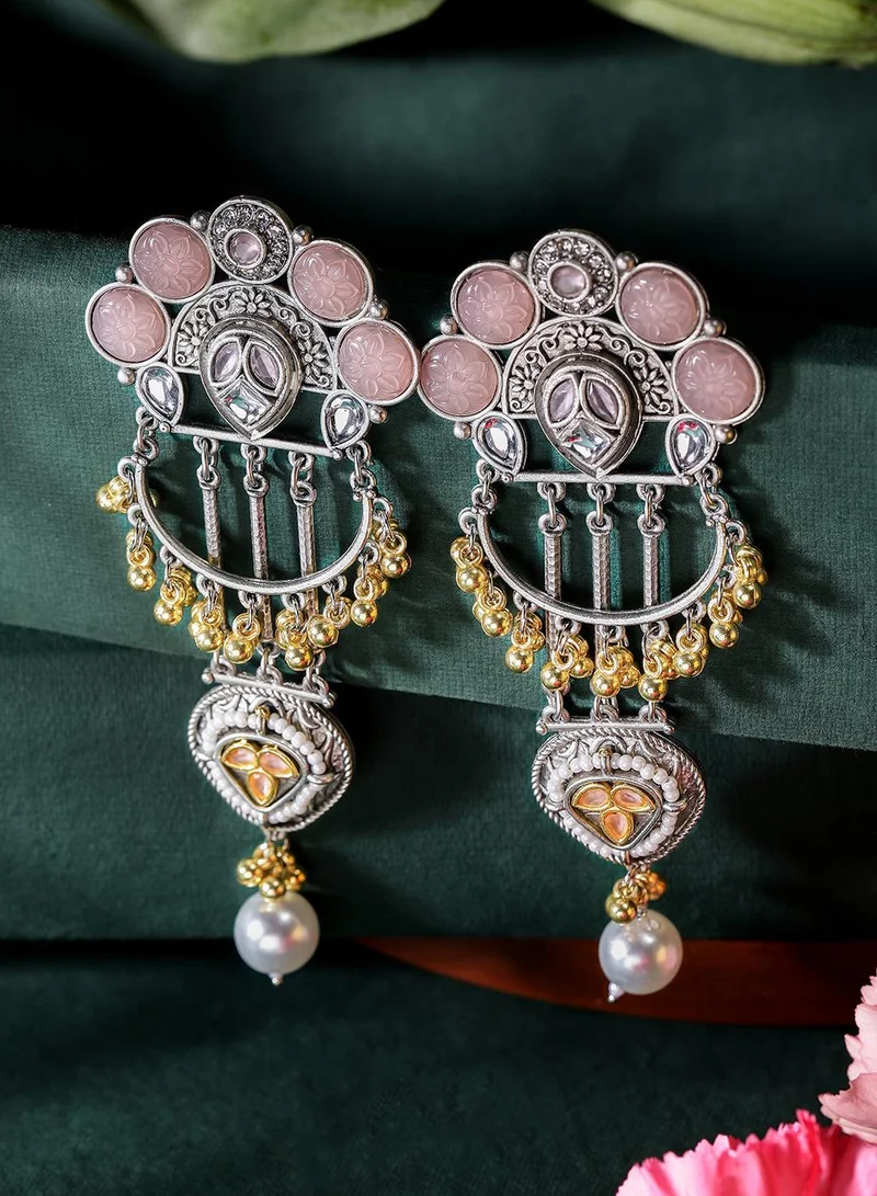 آي شين Pink Colour Metallic Grey Plated Beaded Chandbali Earring