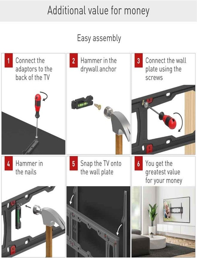 Barkan TV Wall Mount, 13-75 inch Fixed, Drywall No Stud No Drill Flat/Curved Screen Bracket, Holds up to 95lbs, Auto Lock Patented, Fits LED OLED LCD - Image 4