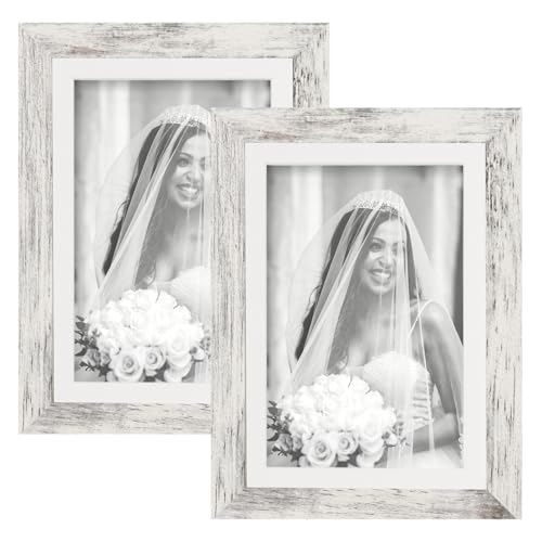 TOFOREVO Picture Frames 5x7 Set of 2 Distressed White Wood Grain Photo Frame for Gallery Wall Mounting or Tabletop Display