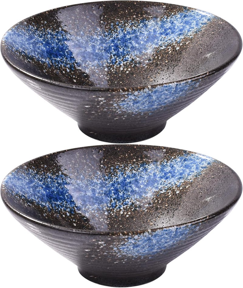Cerficer Large Ceramic Ramen Bowl Set of 2 Japanese Porcelain Noodle Bowls for Cereal and Soup with Blue Spots 32 oz - Image 1
