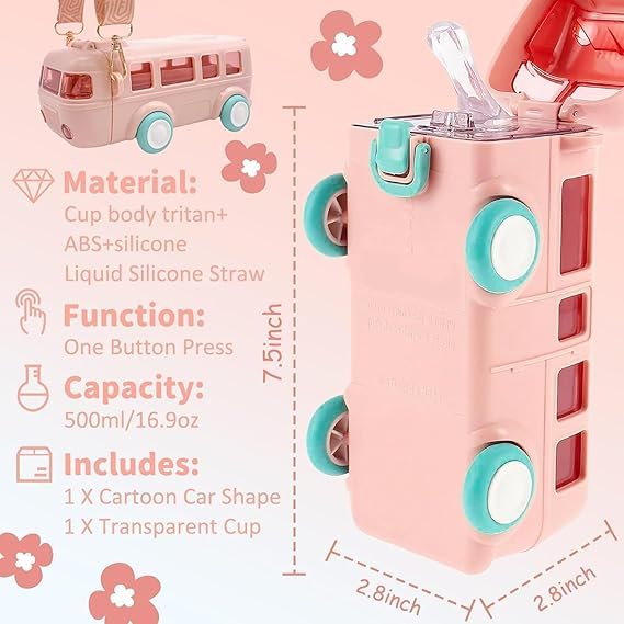 KAVANA Kids 500Ml Water Bottle With Straw For Kids Sipper Bottle For Kids OneClickOpen LeakProof Locking Flip Lid For School Picnic Travel Home Bus Shape Water Bottle - Image 2