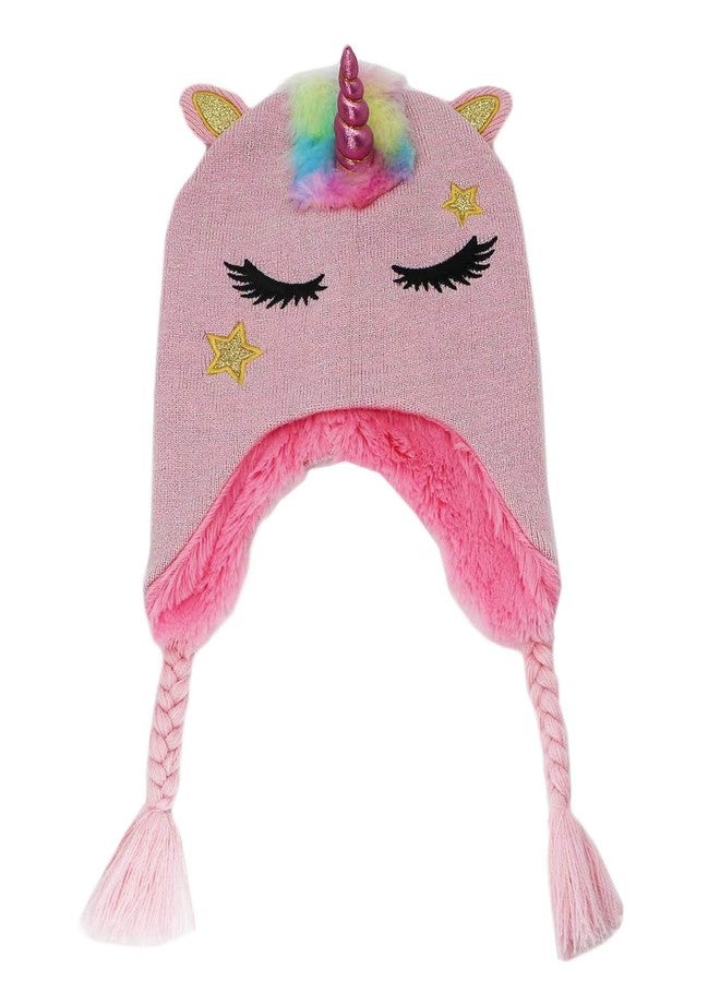 Newfancy Kids Girls Winter Unicorn Beanie Hat Shining Glitter Knitted Earflap Fleece Lined Cap Toddler Little Girls Pink - Image 2