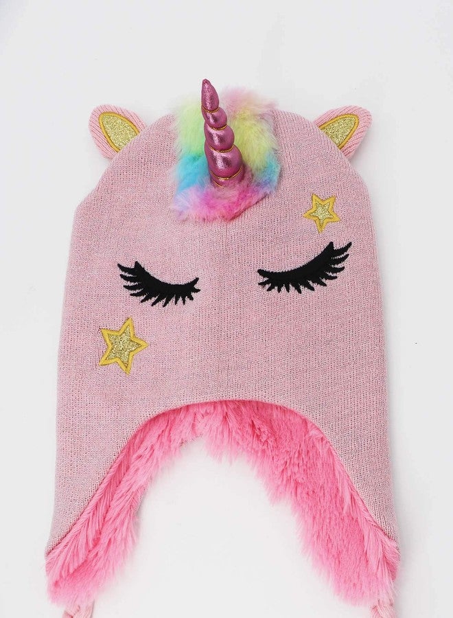 Newfancy Kids Girls Winter Unicorn Beanie Hat Shining Glitter Knitted Earflap Fleece Lined Cap Toddler Little Girls Pink - Image 4