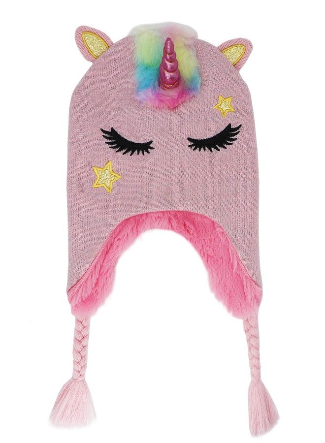 Newfancy Kids Girls Winter Unicorn Beanie Hat Shining Glitter Knitted Earflap Fleece Lined Cap Toddler Little Girls Pink - Image 1
