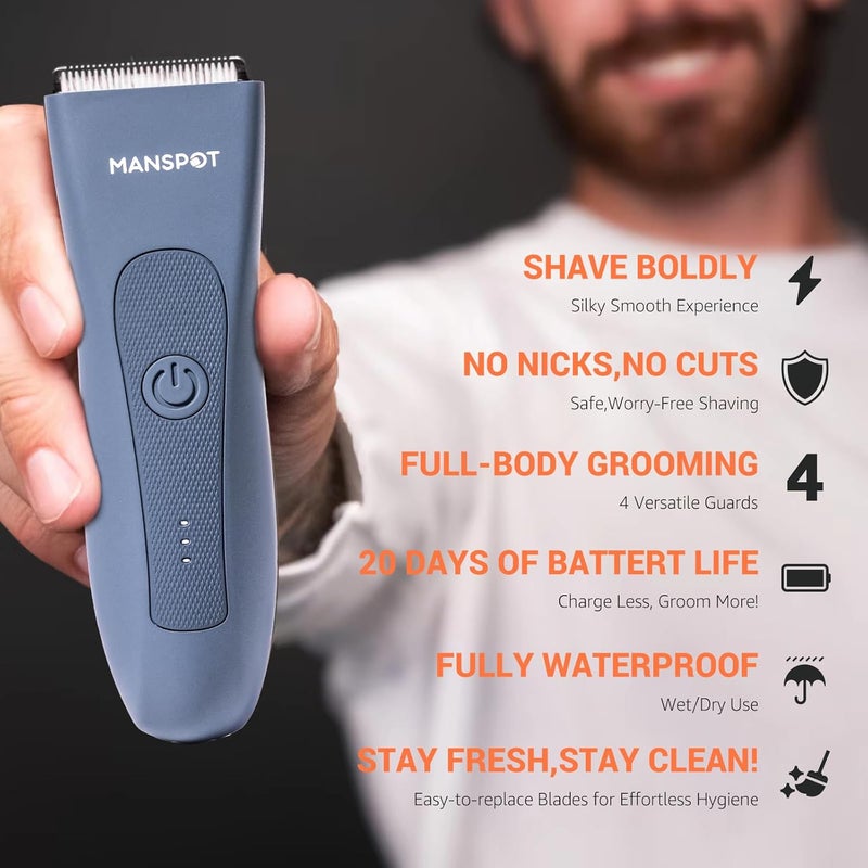 MANSPOT Electric Pubic Hair Trimmer Men's Shaving & Grooming Sets Kit w/4 Guards and Replaceable Ceramic Blade Heads, Waterproof Wet/Dry Groin Trimmer for Men, 90 Minutes Shaving, Body Groomer for Men Blue - Image 2