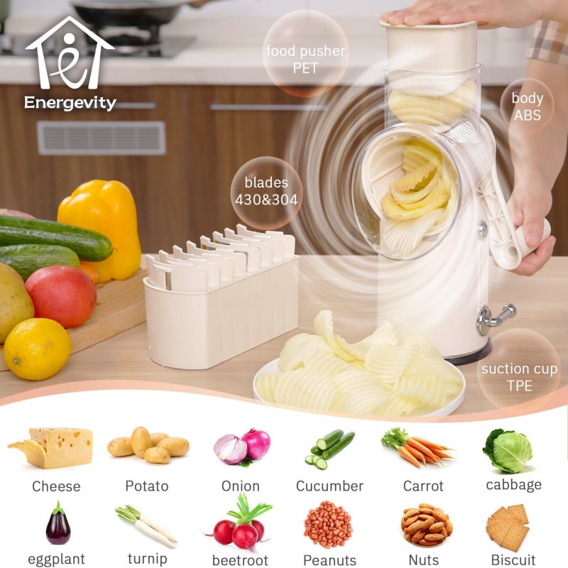 Manual rotating cheese grater five in one replaceable stainless steel blade vegetable slicer (white) - Image 2