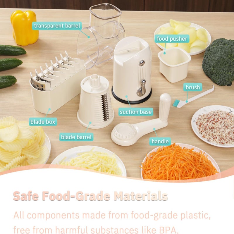 Manual rotating cheese grater five in one replaceable stainless steel blade vegetable slicer (white) - Image 5