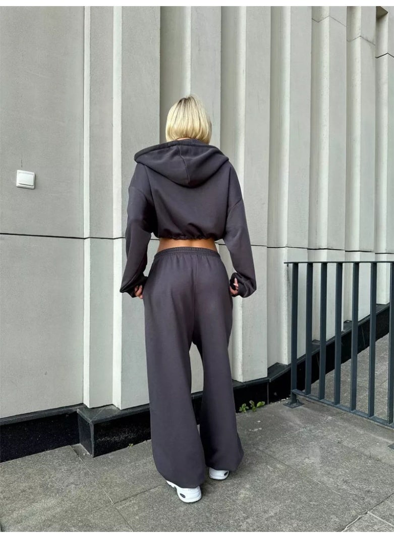 NIBEMINENT Vintage Sets for Women Casual Fashion Long Sleeve 2 Piece Set Solid Zipper Hooded  Autumn Winter Pant Sets - Image 2