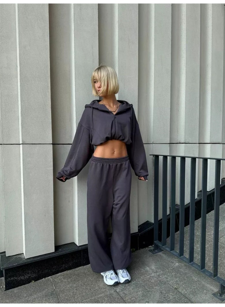 NIBEMINENT Vintage Sets for Women Casual Fashion Long Sleeve 2 Piece Set Solid Zipper Hooded  Autumn Winter Pant Sets - Image 1