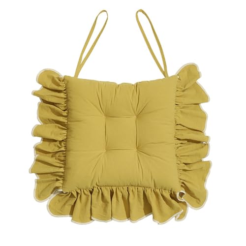 Huierxun Cotton Ruffles Chair Cushion for Dining Chairs Soft Comfortable Chair Pads with Ties Farmhouse Country Seat Cushion for Kitchen Chairs Office Chairs Yellow16x16 - Image 1