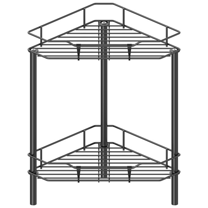 2 TIER FLOOR STANDING CORNER SHOWER CADDY ORGANIZER SHELF WITH HOOKS BATHROOM SHELVES STAND RACK BLACK