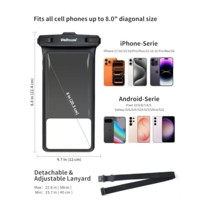 Waterproof Phone Pouch, Waterproof Phone Case for iPhone 17 16 15 14 13 Pro Max XS Samsung, IPX8 3D Cellphone Dry Bag Beach Essentials Black8.0, 8 inch - Image 4