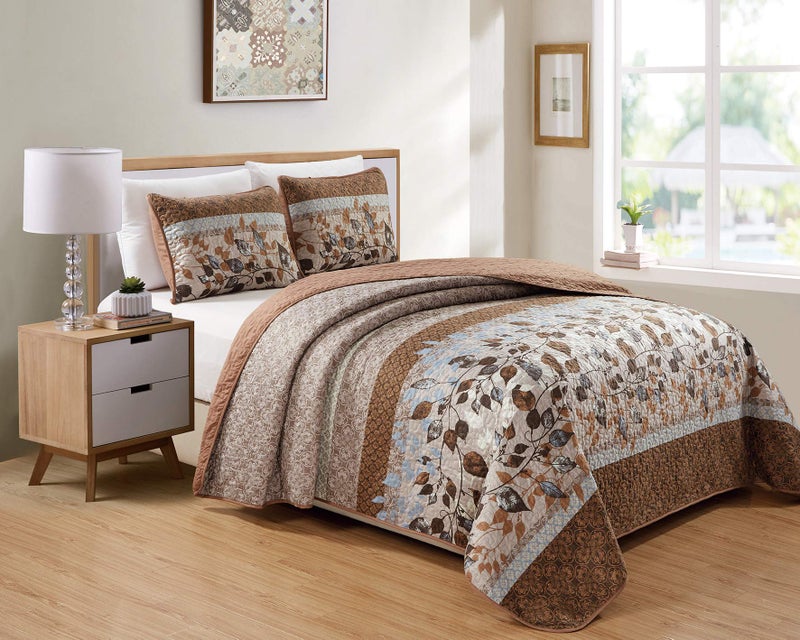 Better Home Style Better Home Style Brown Taupe Beige Rust  Accent Slate Blue Modern Floral Luxury Lush Soft Flowers Motif with Leaf Leaves Design Quilt Coverlet Bedspread 3 PC Quilt Set  Kimberly FullQueen 