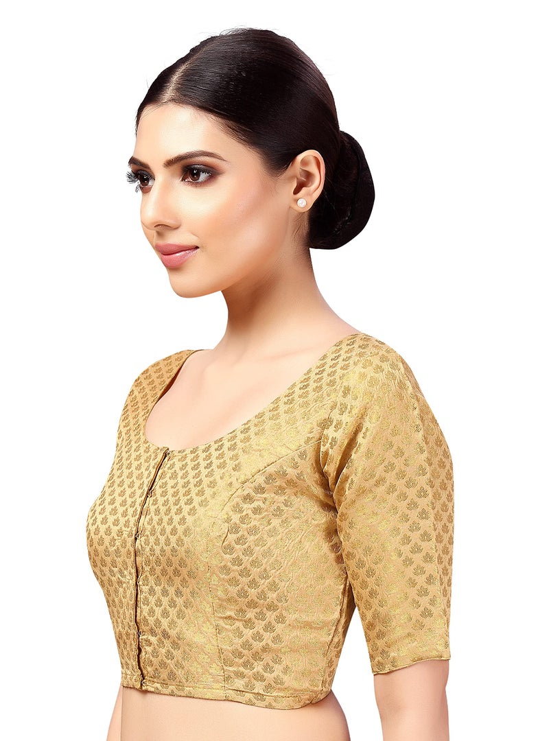Studio Shringaar Women's Readymade Brocade Saree Blouse with Elbow Length Sleeves (2157-Gold, 40) - Image 4
