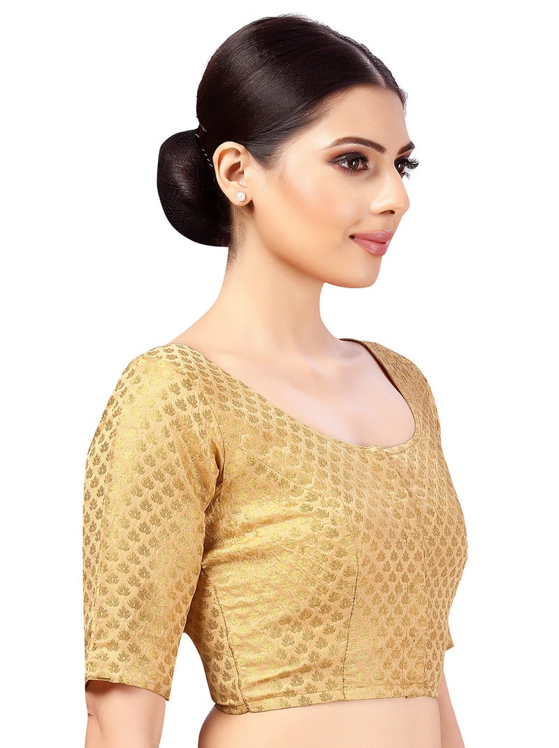 Studio Shringaar Women's Readymade Brocade Saree Blouse with Elbow Length Sleeves (2157-Gold, 40) - Image 5