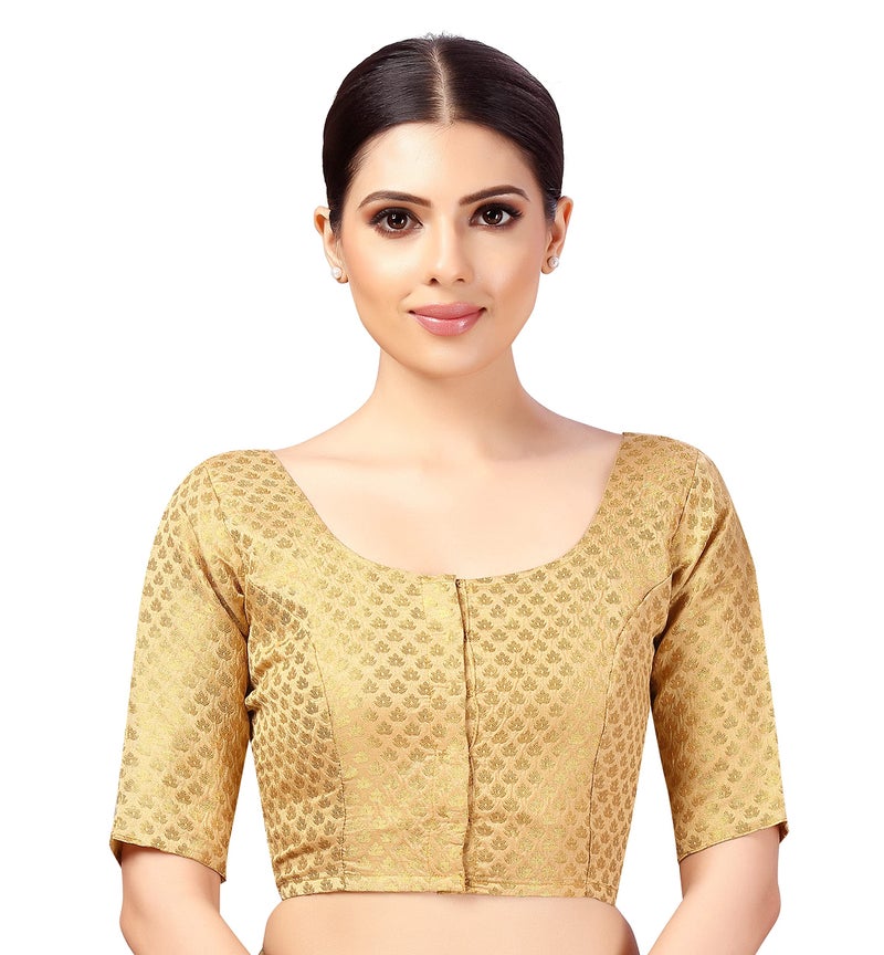 Studio Shringaar Women's Readymade Brocade Saree Blouse with Elbow Length Sleeves (2157-Gold, 40) - Image 1