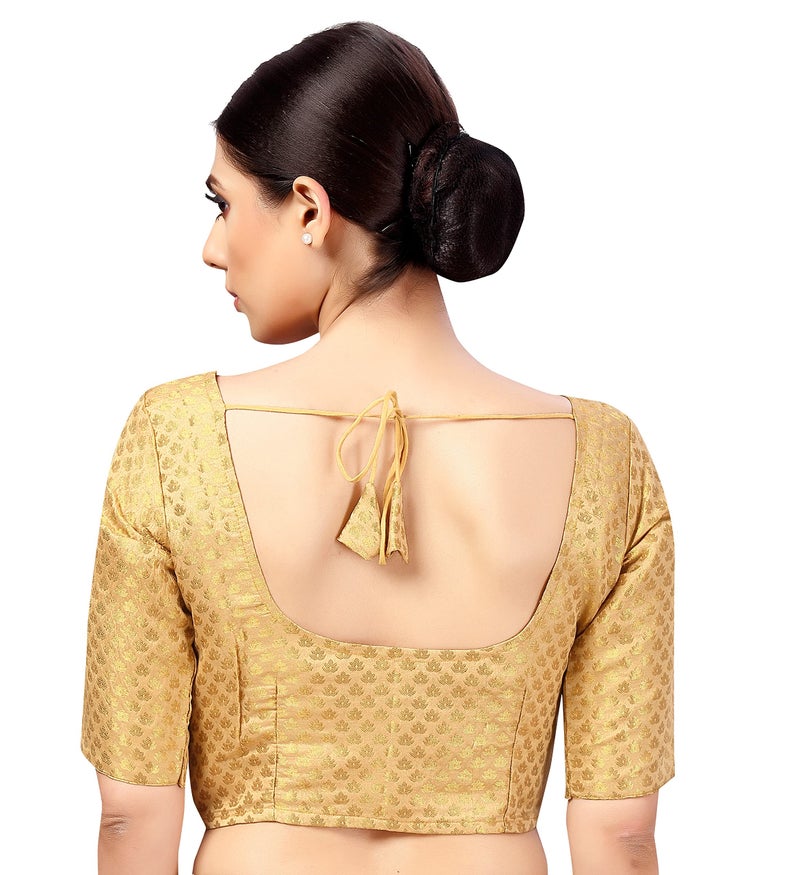 Studio Shringaar Women's Readymade Brocade Saree Blouse with Elbow Length Sleeves (2157-Gold, 40) - Image 2