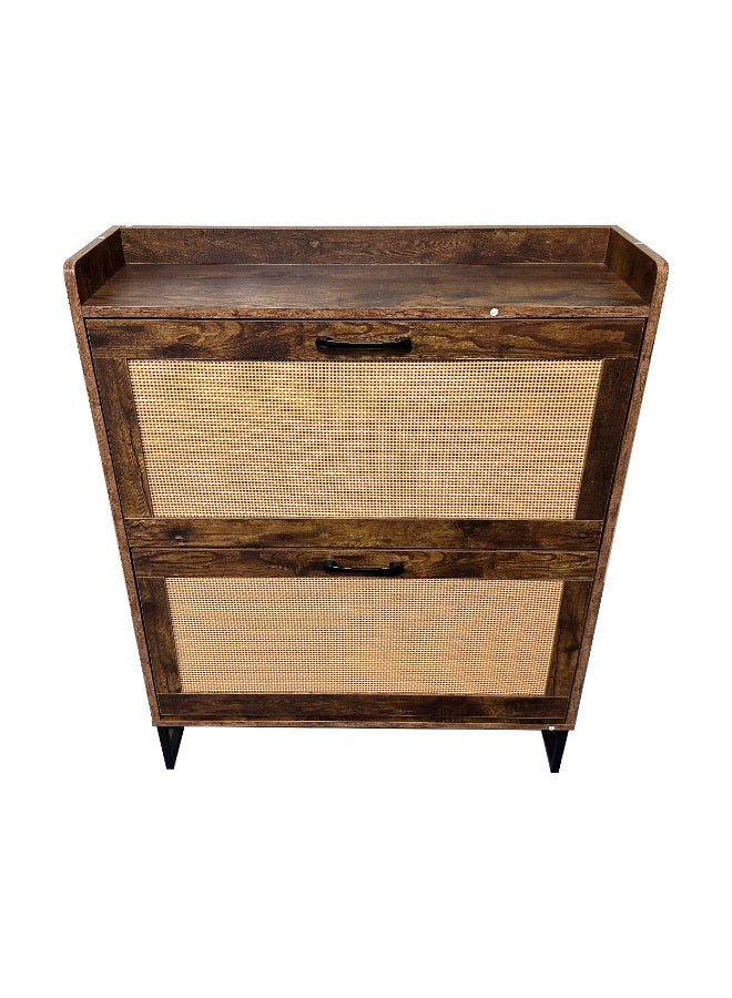 Migue home Rattan Shoe Storage Cabinet with 2 Shelves, Space - Saving, perfect for Entryway - Size 101.5cm x 78.5cm x 23.5cm in Dark Brown Wood - Image 1