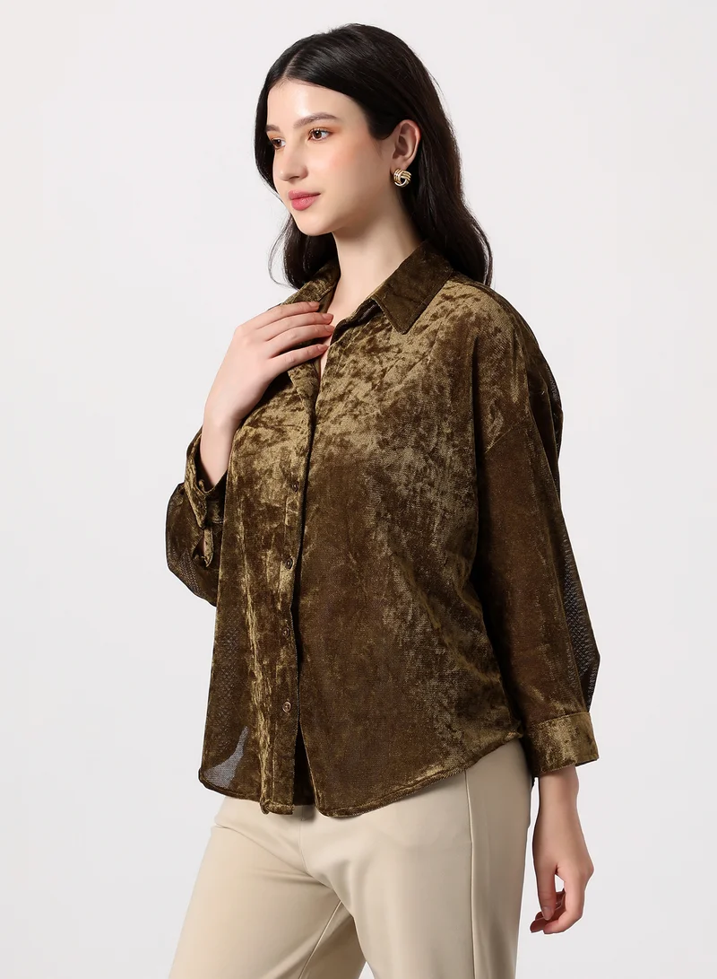 PINACOLADA Women's Solid Velvet Oversized Shirt | Spread Collar , Long Single-Button Cuff Sleeves, Button Closure | Solid Textured | Woven Shirt For Casual & Daily Wear | Coffee Brown
