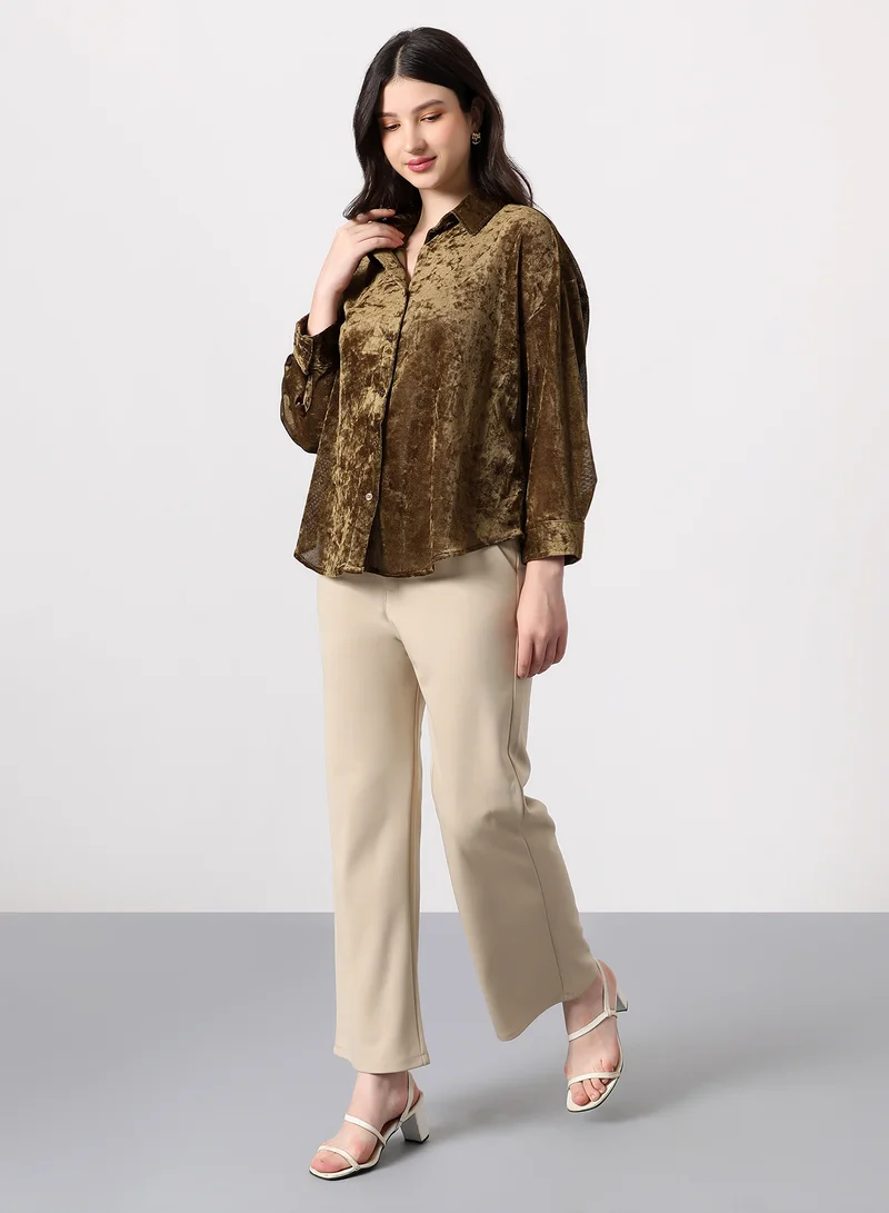 PINACOLADA Women's Solid Velvet Oversized Shirt | Spread Collar , Long Single-Button Cuff Sleeves, Button Closure | Solid Textured | Woven Shirt For Casual & Daily Wear | Coffee Brown
