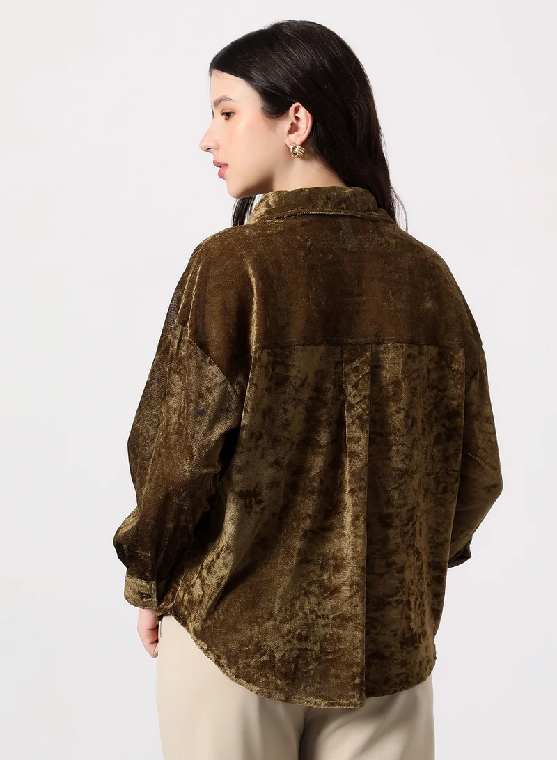 PINACOLADA Women's Solid Velvet Oversized Shirt | Spread Collar , Long Single-Button Cuff Sleeves, Button Closure | Solid Textured | Woven Shirt For Casual & Daily Wear | Coffee Brown