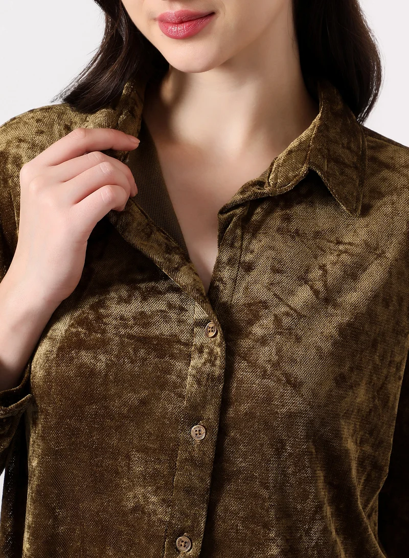 PINACOLADA Women's Solid Velvet Oversized Shirt | Spread Collar , Long Single-Button Cuff Sleeves, Button Closure | Solid Textured | Woven Shirt For Casual & Daily Wear | Coffee Brown