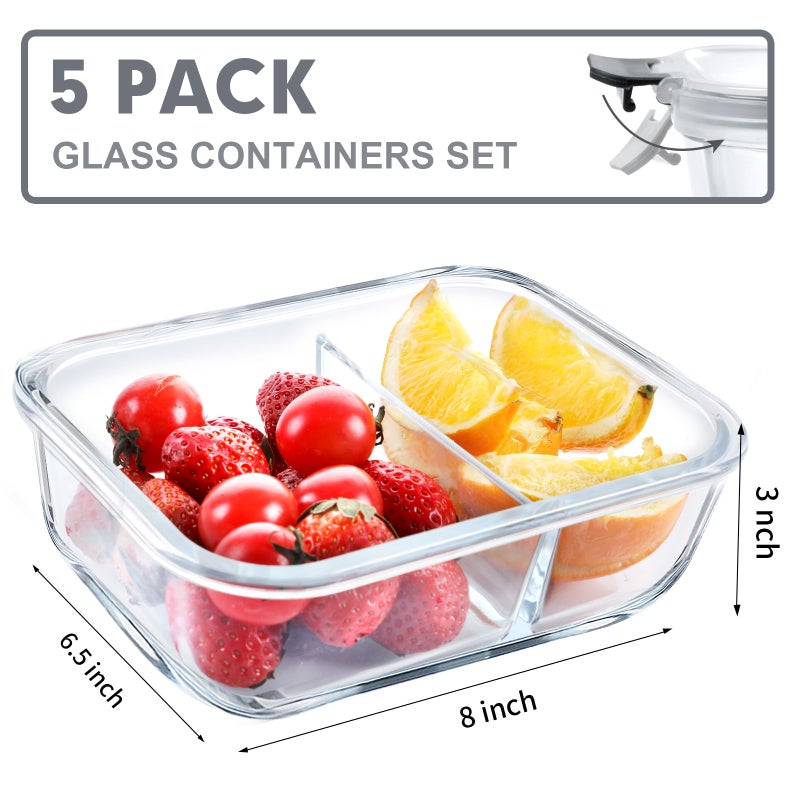 VERONES 5 Pack Glass Meal Prep Containers 2 Compartment Set, 36OZ Airtight Glass Lunch Containers, Glass Food Storage Containers with Lids, for Microwave, Oven, Freezer & Dishwasher Friendly,Grey - Image 2