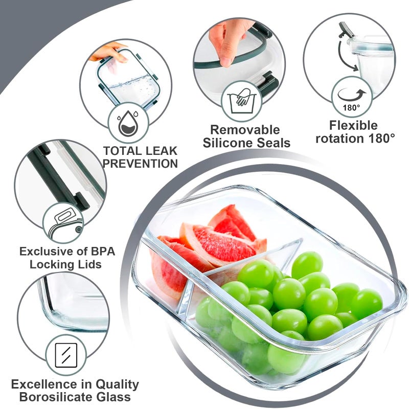 VERONES 5 Pack Glass Meal Prep Containers 2 Compartment Set, 36OZ Airtight Glass Lunch Containers, Glass Food Storage Containers with Lids, for Microwave, Oven, Freezer & Dishwasher Friendly,Grey - Image 3