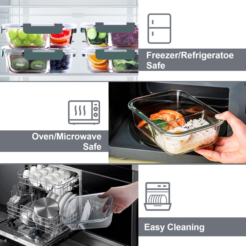 VERONES 5 Pack Glass Meal Prep Containers 2 Compartment Set, 36OZ Airtight Glass Lunch Containers, Glass Food Storage Containers with Lids, for Microwave, Oven, Freezer & Dishwasher Friendly,Grey - Image 4