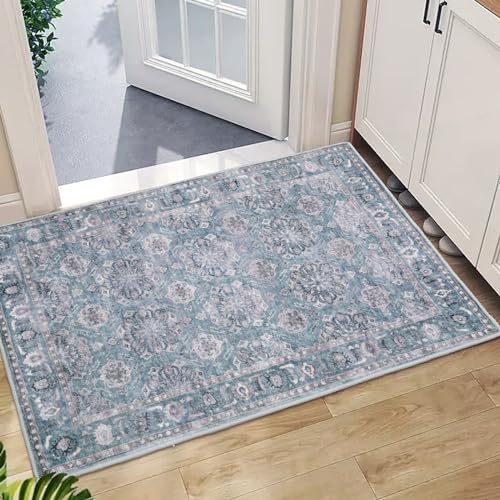 SERISSA Vintage Floral Rugs for Entryway 2x3 Blue Grey Entryway Rug NonSlip Washable Small Area Rug Ultra Soft Boho LowPile Indoor Door Mat Floor Carpet for Entrance Bedroom Kitchen Bathroom - Image 1