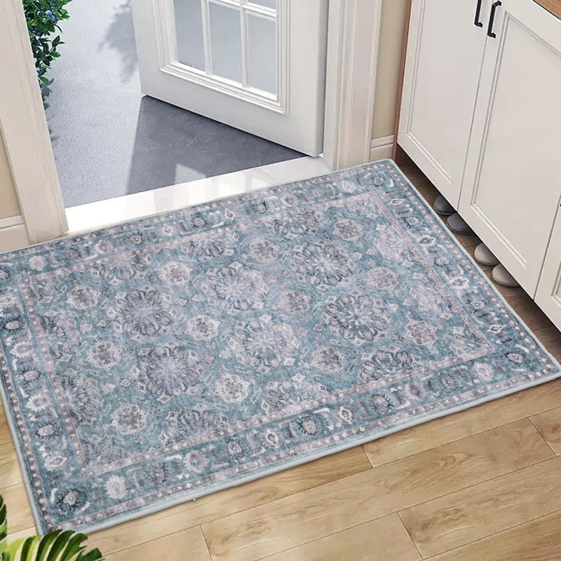 SERISSA Vintage Floral Rugs for Entryway 2x3 Blue Grey Entryway Rug NonSlip Washable Small Area Rug Ultra Soft Boho LowPile Indoor Door Mat Floor Carpet for Entrance Bedroom Kitchen Bathroom - Image 2