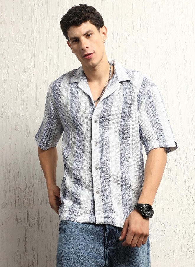 Hubberholme Men's Blue Cotton Blend Striped Button Down Oversized Shirt  - Image 1
