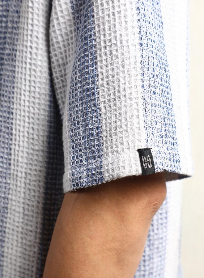 Hubberholme Men's Blue Cotton Blend Striped Button Down Oversized Shirt  - Image 3