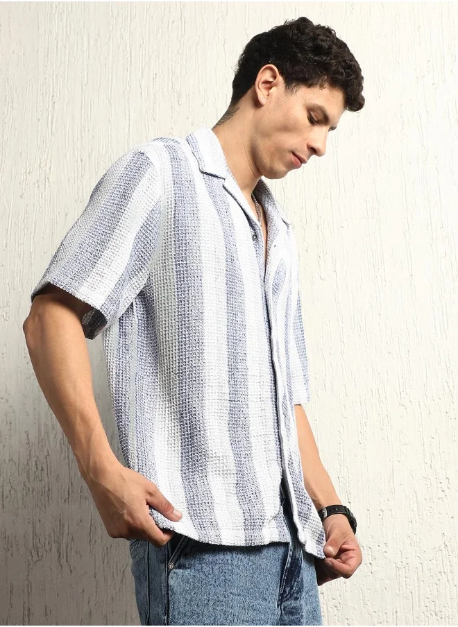 Hubberholme Men's Blue Cotton Blend Striped Button Down Oversized Shirt