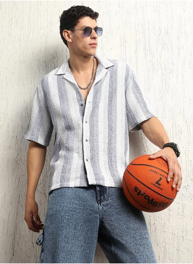 Hubberholme Men's Blue Cotton Blend Striped Button Down Oversized Shirt