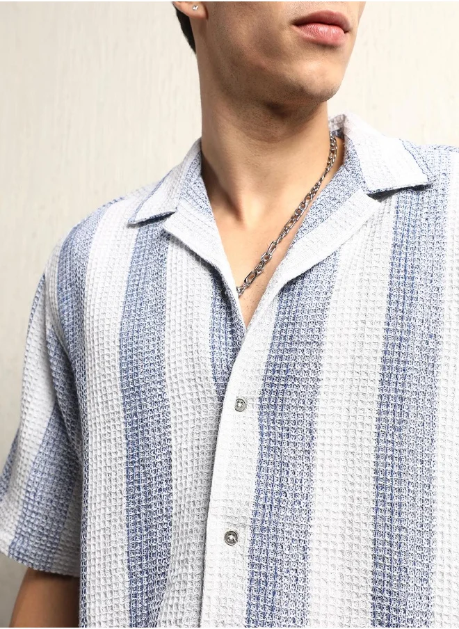 Hubberholme Men's Blue Cotton Blend Striped Button Down Oversized Shirt