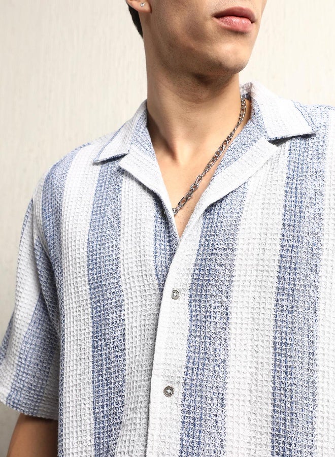 Hubberholme Men's Blue Cotton Blend Striped Button Down Oversized Shirt  - Image 5