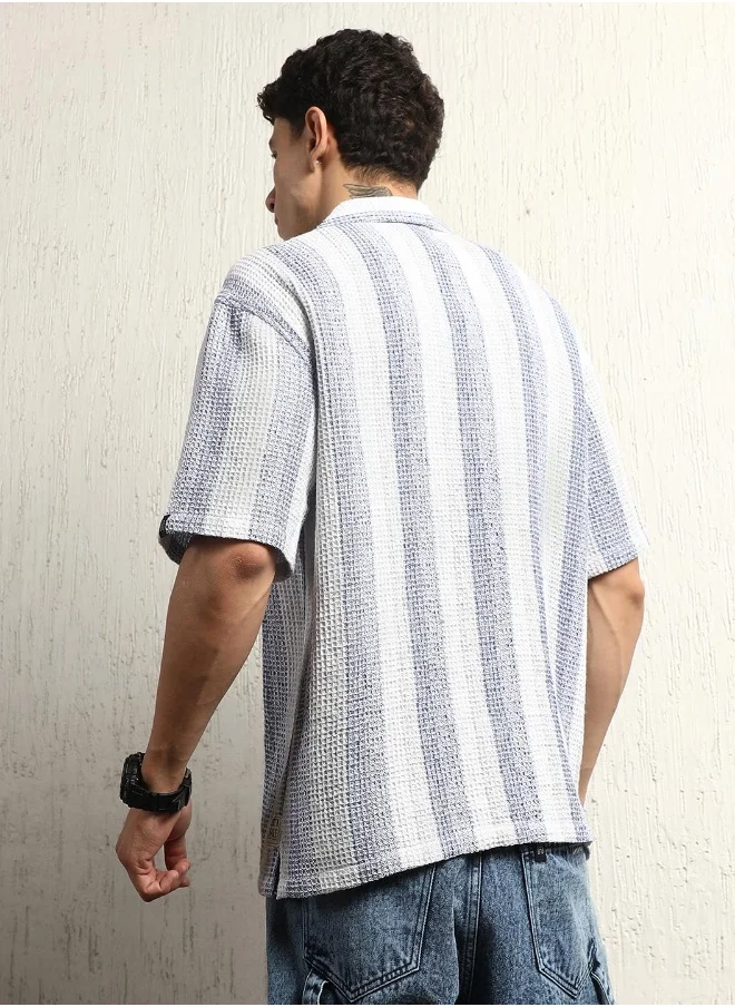 Hubberholme Men's Blue Cotton Blend Striped Button Down Oversized Shirt