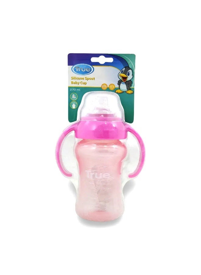 True Silicone Spout Baby Cup with Handles 270ml Pink 6m+ - Image 1
