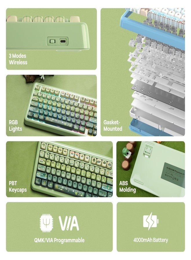 KiiBOOM Phantom81 Lite 75% Gasket Mechanical Keyboard, QMK&VIA Programmable, 3 Modes Wireless Gaming Keyboard, RGB Backlights, ABS Case + UV Tech, Hot-Swappable for Windows/Mac/Linux (Green) - Image 3