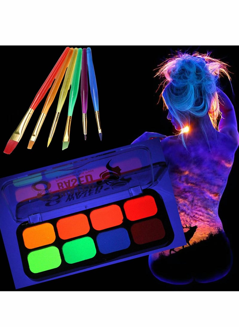 KASTWAVE UV Face Paint Kit, Glow In The Dark Face Paint Kit, 8 Neon Color Black Light Body Makeup Water Activated with 6 Paint Brushes, Non-Toxic Washable for Kids Adult,   Costume Masquerades Makeup - Image 1