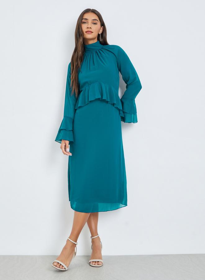 Teal Bell Sleeve Ruffled Detail Midi Dress
