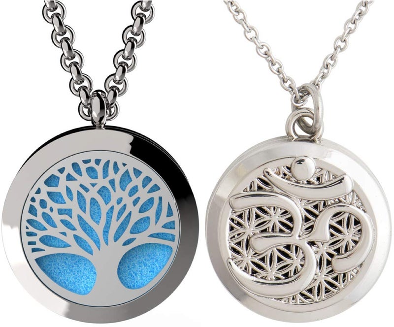 mEssentials Tree Of Life and Aum OM Essential Oil Diffuser Necklace Stainless Steel Locket Pendant with 24 Chain 12 Refill Pads