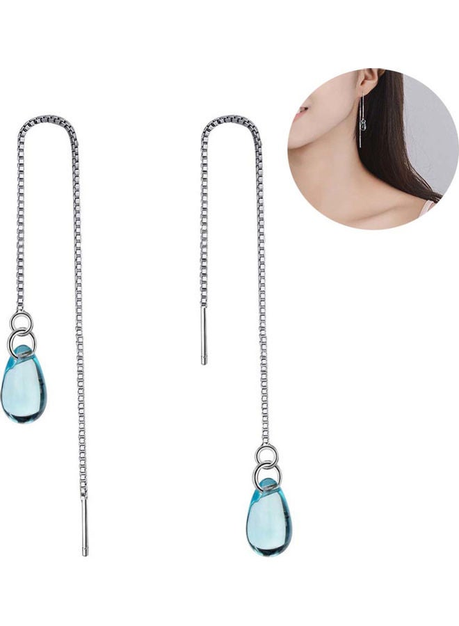 NIBEMINENT Water Drop Faux Sapphire Long Tassel Earrings  - Image 2