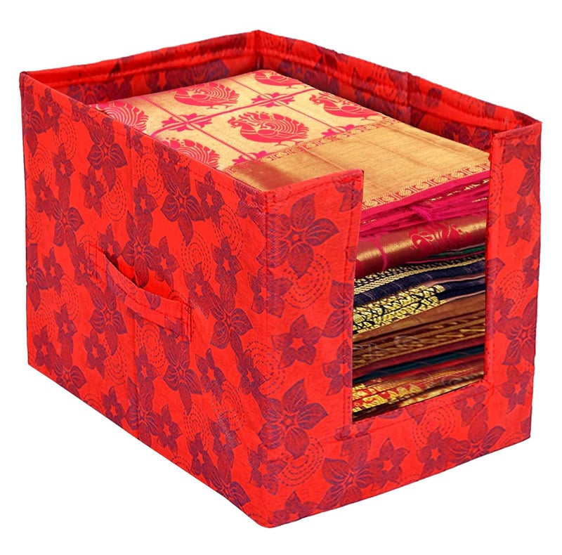 Kuber Industries Kuber Industries Saree Organizer for Wardrobe/Closet Storage Box and Clothing Organiser for Women Clothes With Metalic Flower Print- Pack of 3 (Beige & Green & Red)  - Image 2