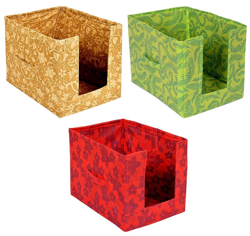 Kuber Industries Kuber Industries Saree Organizer for Wardrobe/Closet Storage Box and Clothing Organiser for Women Clothes With Metalic Flower Print- Pack of 3 (Beige & Green & Red)  - Image 1