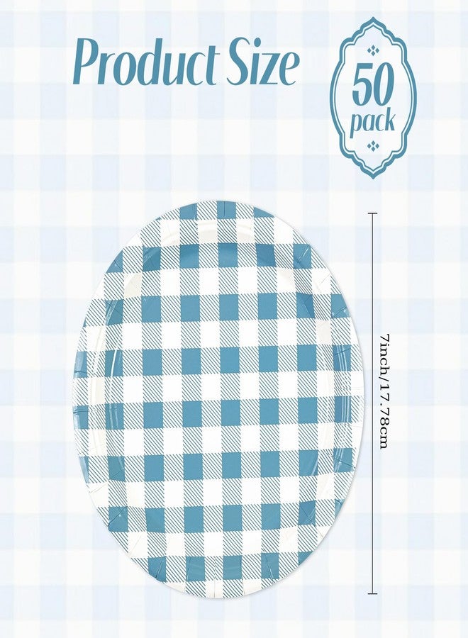 KFJBPB 50Pcs Blue Gingham Paper Plates 7Inch, Disposable Blue and White Checkered Plates Cake Dinner Dessert Plate for Baby Shower Wedding Birthday Party Suppliess (7Inch) - Image 2